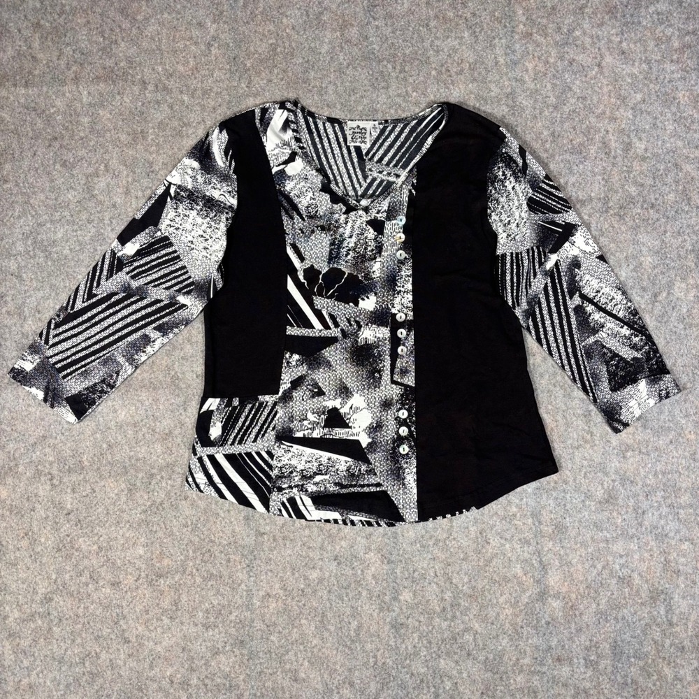 Parsley & Sage Wearable Art Abstract Print Top Womens S Black White 3/4 Sleeve